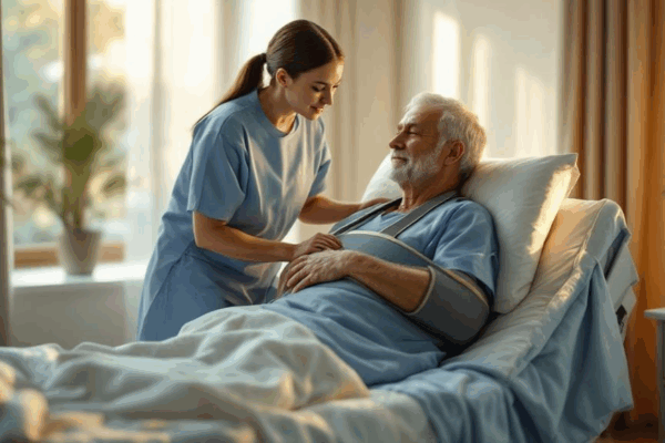 Post surgery patient performing guided shoulder rehab exercises at home