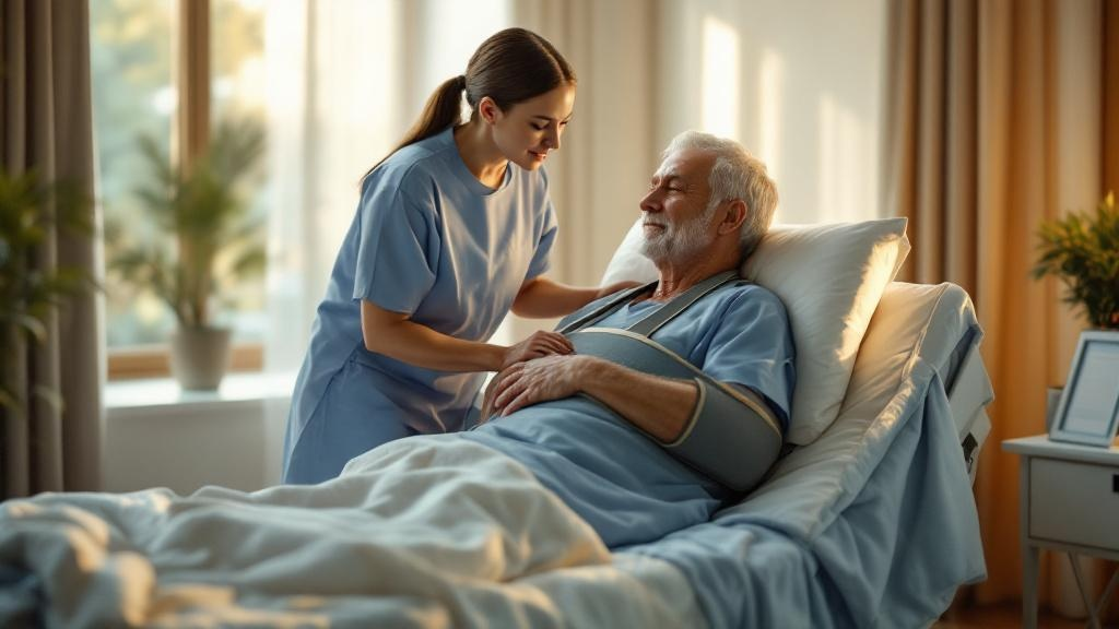 Post surgery patient performing guided shoulder rehab exercises at home