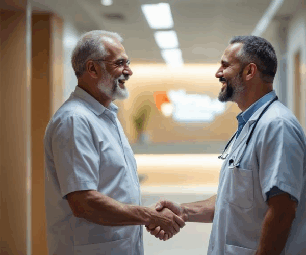 Patient shakes hands with shoulder surgeon after successful recovery in Clermont