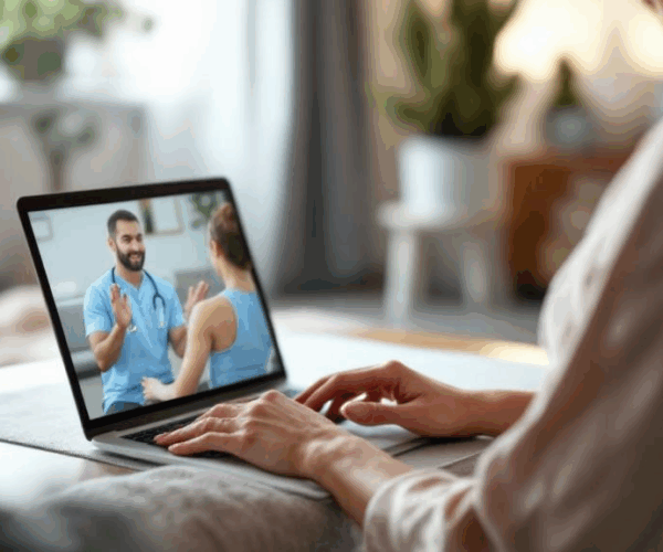 Patient performing guided shoulder mobility assessment during virtual PT session