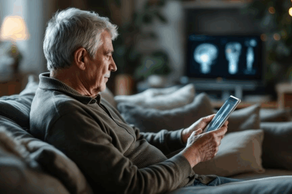 Patient consulting shoulder specialist via telehealth for pain relief in Clermont FL