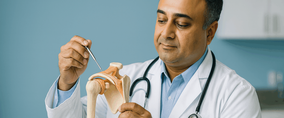 Shoulder specialist in Clermont FL demonstrating rotator cuff anatomy at Varma Shoulder Institute