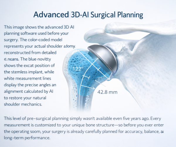 3D computer model showing color coded shoulder anatomy with stemless implant overlay and measurement angles