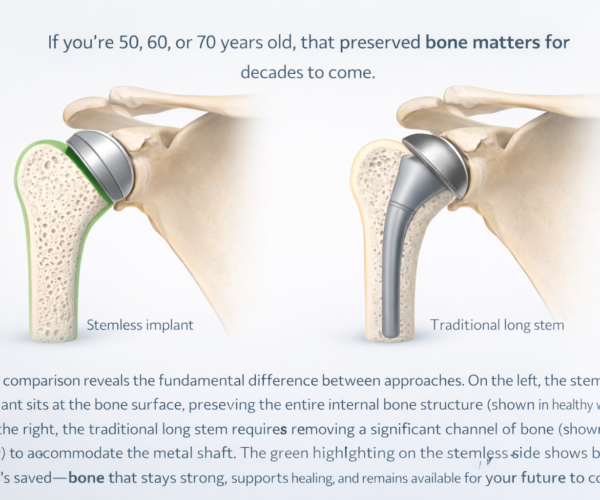Side by side comparison of stemless shoulder implant versus traditional stem showing bone preservation
