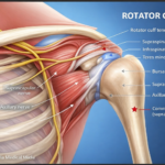 Detailed cross-section of shoulder showing rotator cuff tendons, labrum, and joint socket with labeled injury locations
