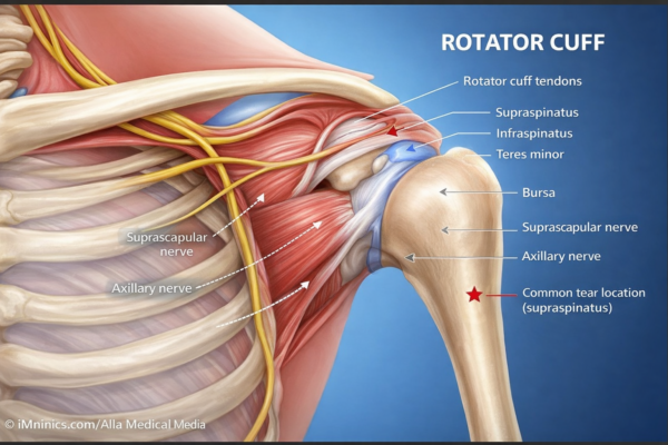 Rotator Cuff and Shoulder Joint Anatomy Varma Shoulder Institute Detailed cross section of shoulder showing rotator cuff tendons labrum and joint socket with labeled injury locations