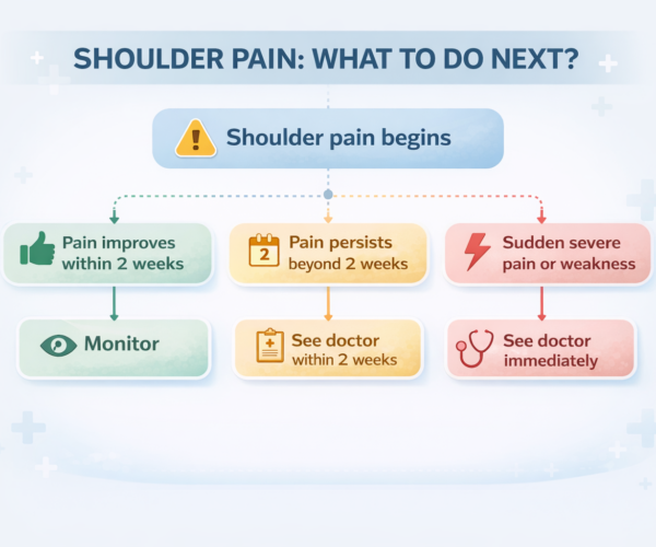 Flowchart showing when to use rest when to see a doctor and when surgery is necessary for shoulder pain