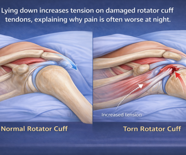 Illustration showing shoulder position during sleep and rotator cuff tension causing nighttime shoulder pain