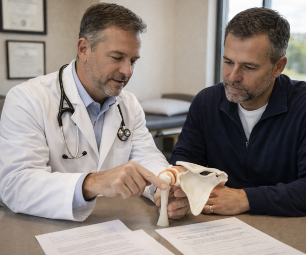 Orthopedic specialist examining shoulder joint model to explain surgery risks and complications to patient in Clermont FL clinic