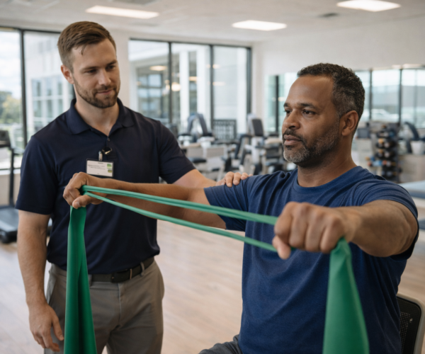 Patient performing supervised physical therapy shoulder exercises during recovery at Florida Sports Injury orthopedic rehabilitation center in Clermont Florida