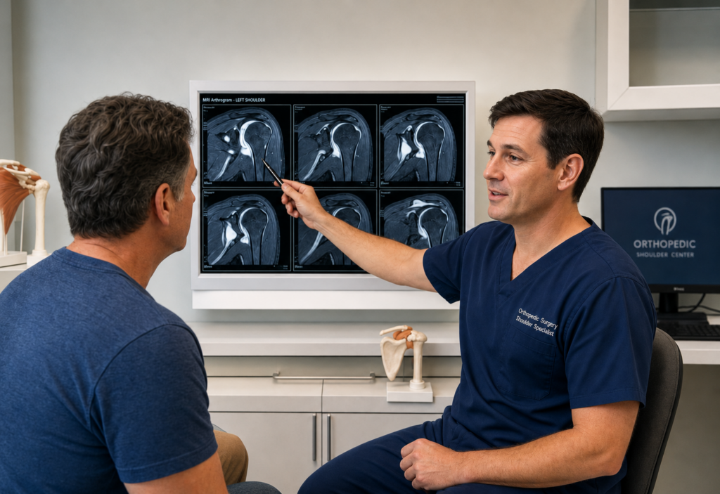 Shoulder Arthroscopy in Clermont for Labral Tears Varma Shoulder Institute Medical professional explains shoulder MRI scans to a patient using a pointer in a clinic