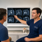 Medical professional explains shoulder MRI scans to a patient using a pointer in a clinic