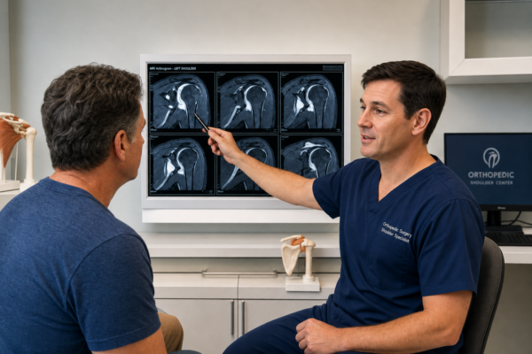 Medical professional explains shoulder MRI scans to a patient using a pointer in a clinic