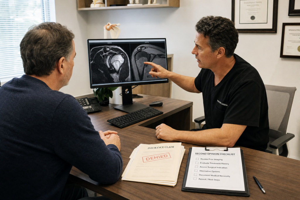 Doctor explains shoulder MRI scans on a monitor to a patient across the desk with an insurance denial form visible on the desk