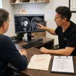 Doctor explains shoulder MRI scans on a monitor to a patient across the desk with an insurance denial form visible on the desk