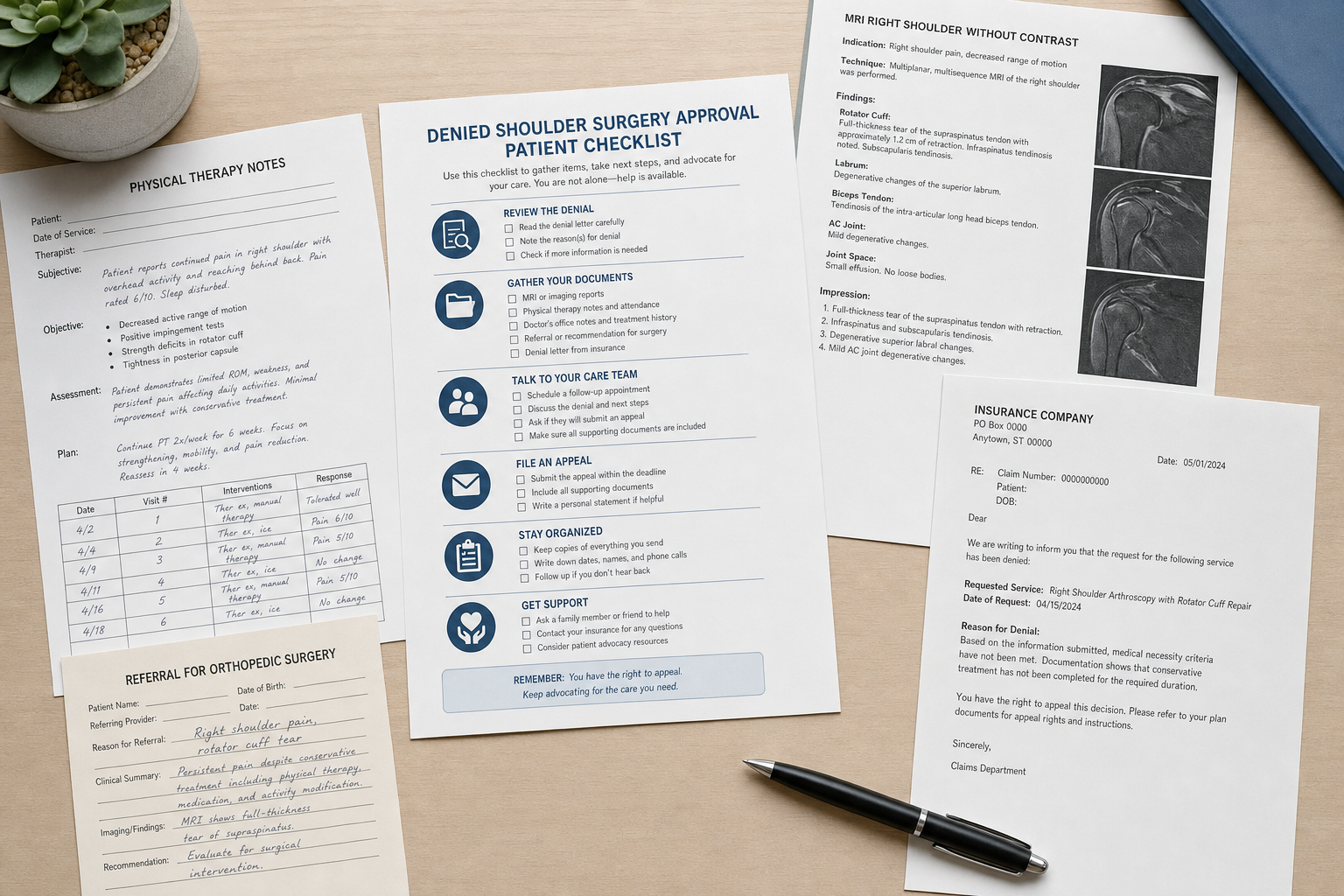 Checklist of records to bring after a denied shoulder surgery authorization