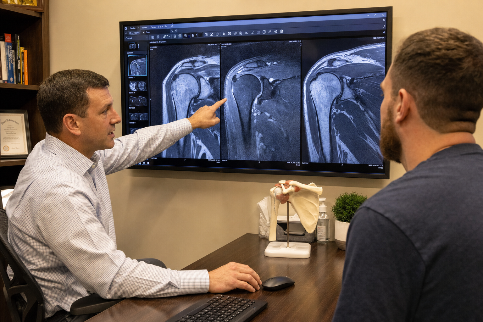 Shoulder specialist reviewing MRI with a patient during a second opinion visit