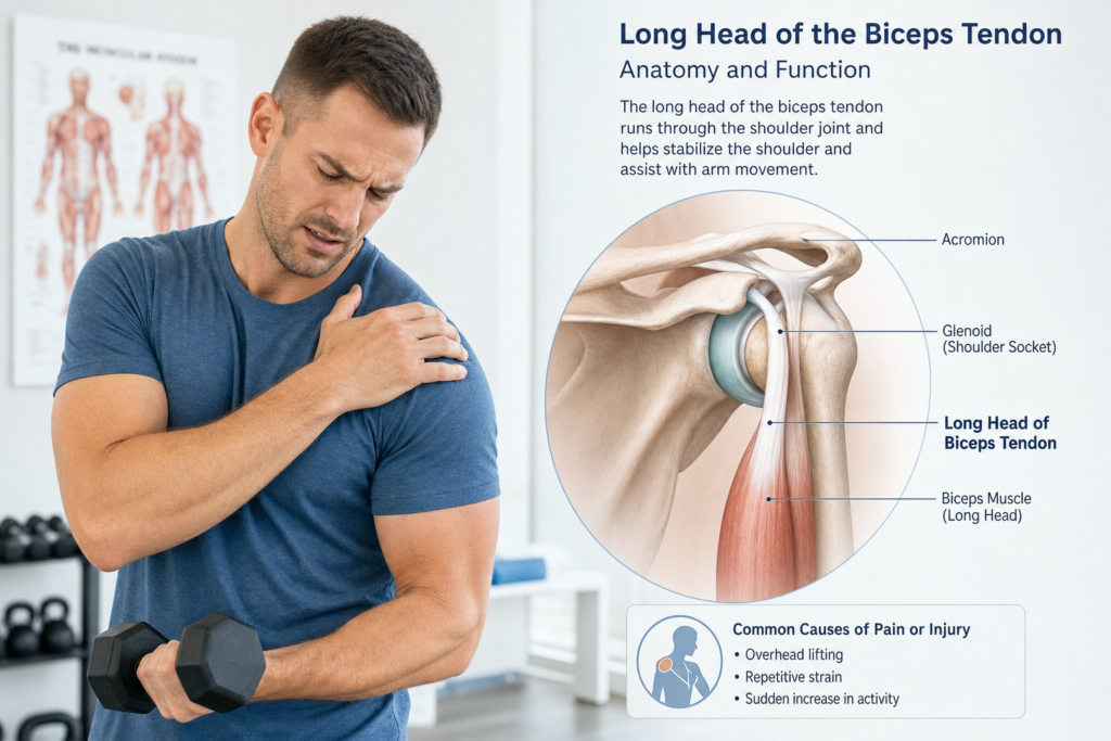 Man in a blue shirt nurses shoulder pain while holding his upper arm in front of an anatomy poster about the long head of the biceps tendon