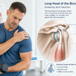 Man in a blue shirt nurses shoulder pain while holding his upper arm in front of an anatomy poster about the long head of the biceps tendon