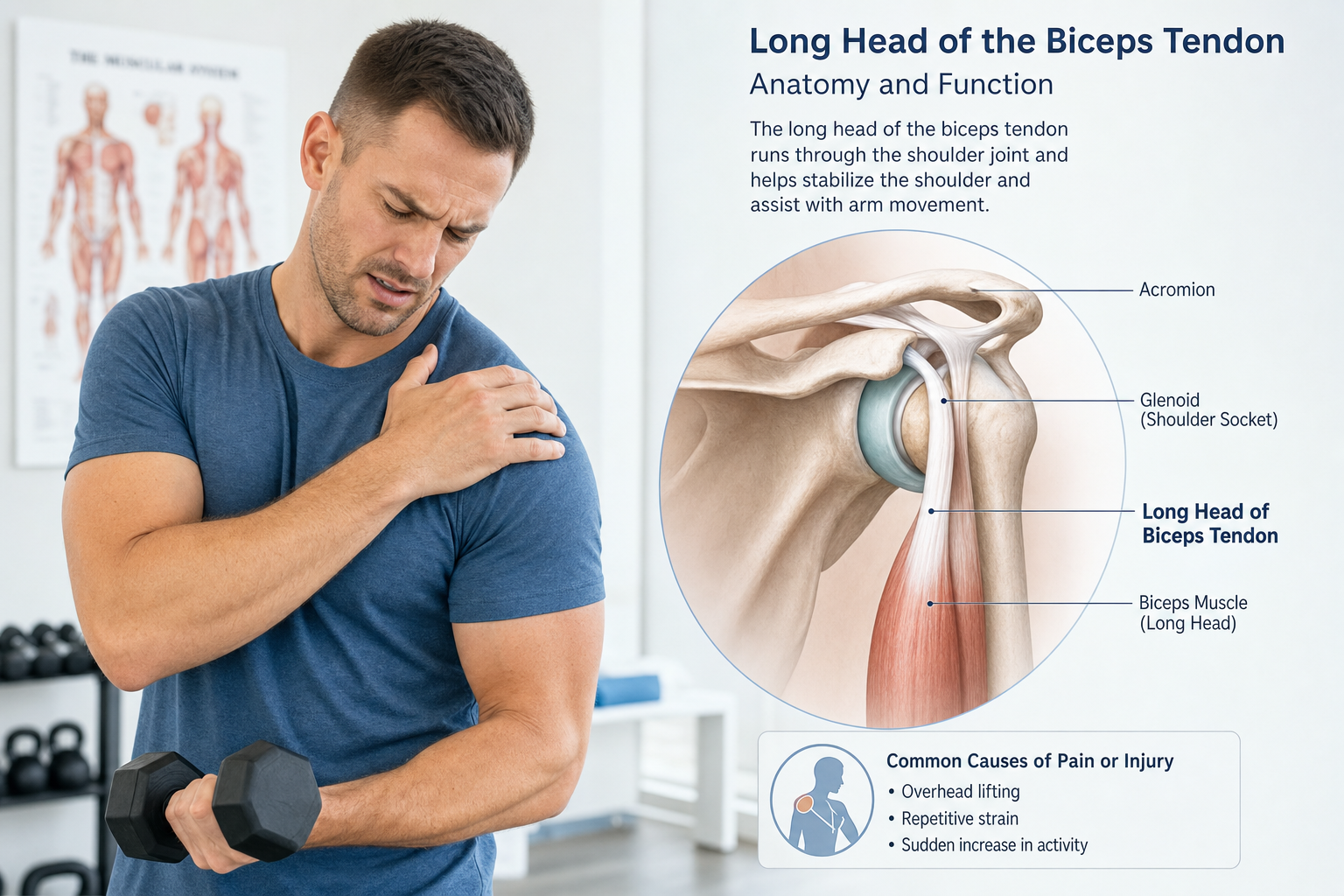Man in a blue shirt nurses shoulder pain while holding his upper arm in front of an anatomy poster about the long head of the biceps tendon