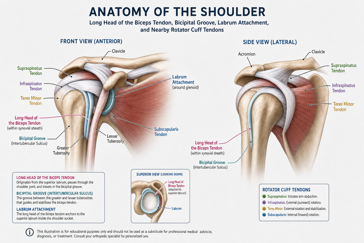 Anatomical illustration showing the long head of the biceps tendon and nearby shoulder structures.