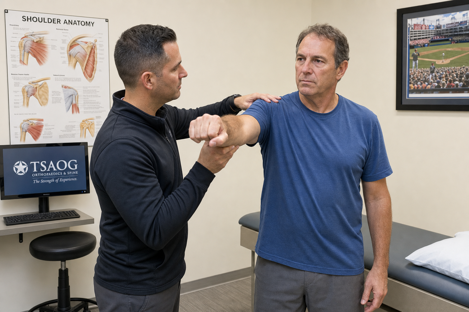 Shoulder specialist examining a patient with front shoulder pain during a clinical evaluation.