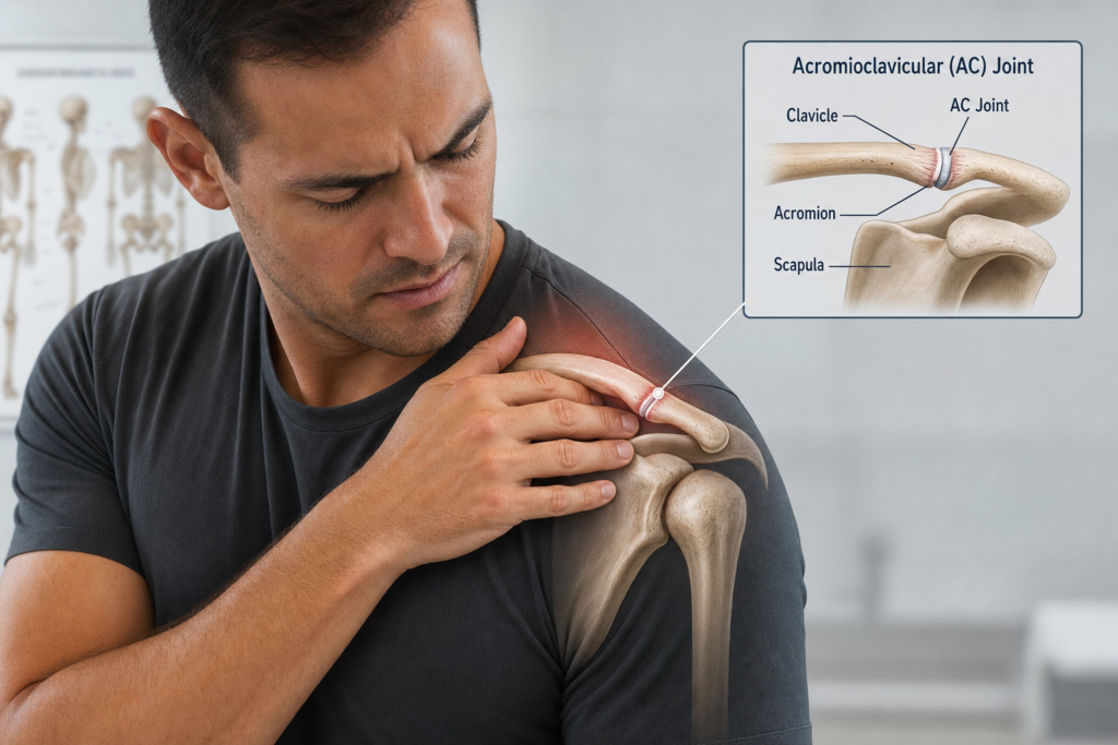 AC Joint Injury Treatment After a Fall | Varma Shoulder Institute Varma Shoulder Institute Man with shoulder pain holding his shoulder inset diagram shows the acromioclavicular AC joint anatomy labeled clavicle acromion AC joint scapula