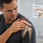 Man with shoulder pain holding his shoulder inset diagram shows the acromioclavicular AC joint anatomy labeled clavicle acromion AC joint scapula