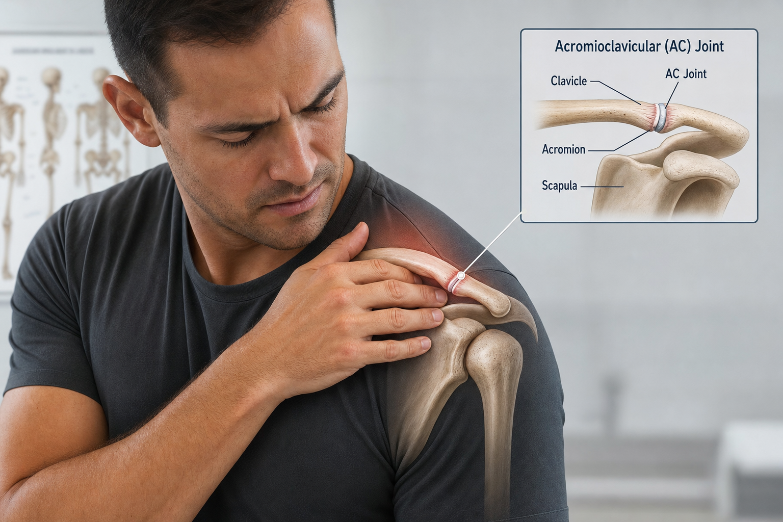 Man with shoulder pain holding his shoulder inset diagram shows the acromioclavicular AC joint anatomy labeled clavicle acromion AC joint scapula