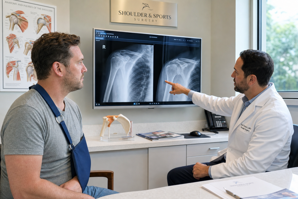 Shoulder Fracture Specialist After Urgent Care | Clermont FL Varma Shoulder Institute Doctor explains shoulder X ray images to a patient pointing at the right image on a monitor showing two shoulder X rays in a clinic room