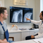 Doctor explains shoulder X ray images to a patient pointing at the right image on a monitor showing two shoulder X rays in a clinic room
