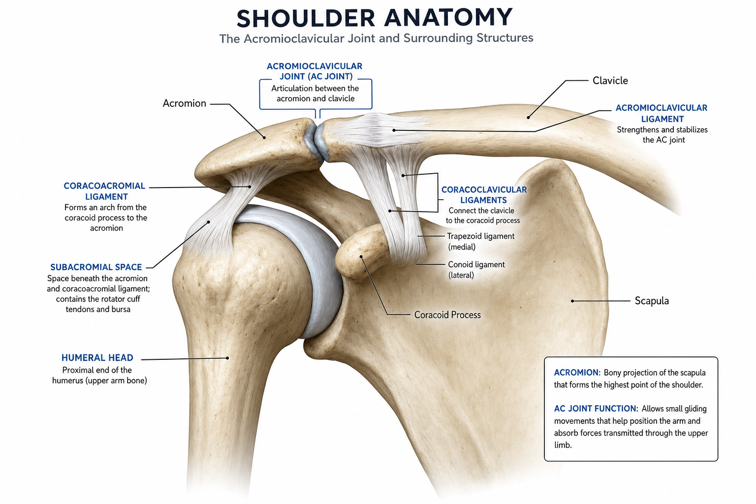 Illustration of the acromioclavicular joint and surrounding shoulder anatomy
