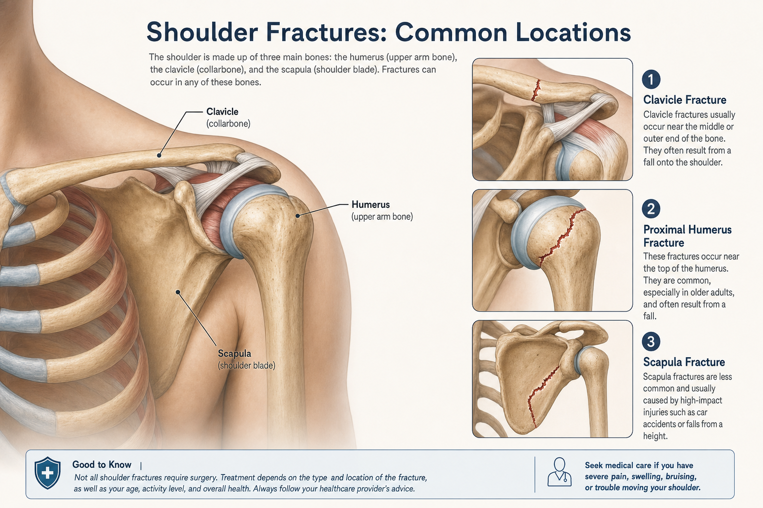 Illustration showing common shoulder fracture locations including the proximal humerus, clavicle, and scapula