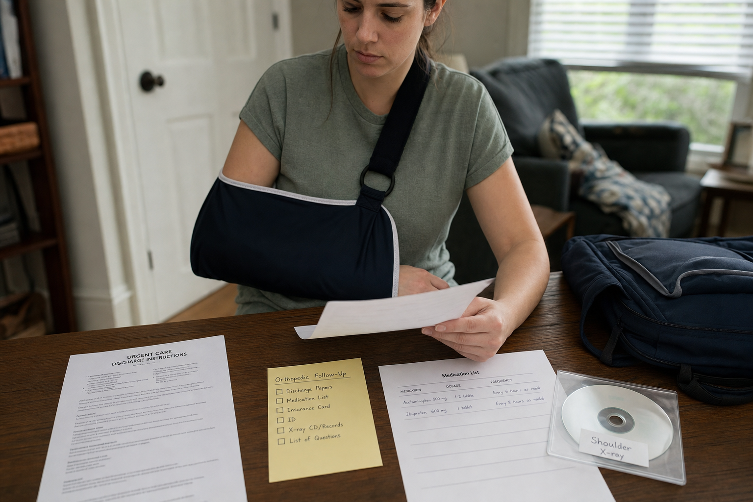 Patient gathering urgent care records, sling, and imaging for a shoulder fracture specialist visit