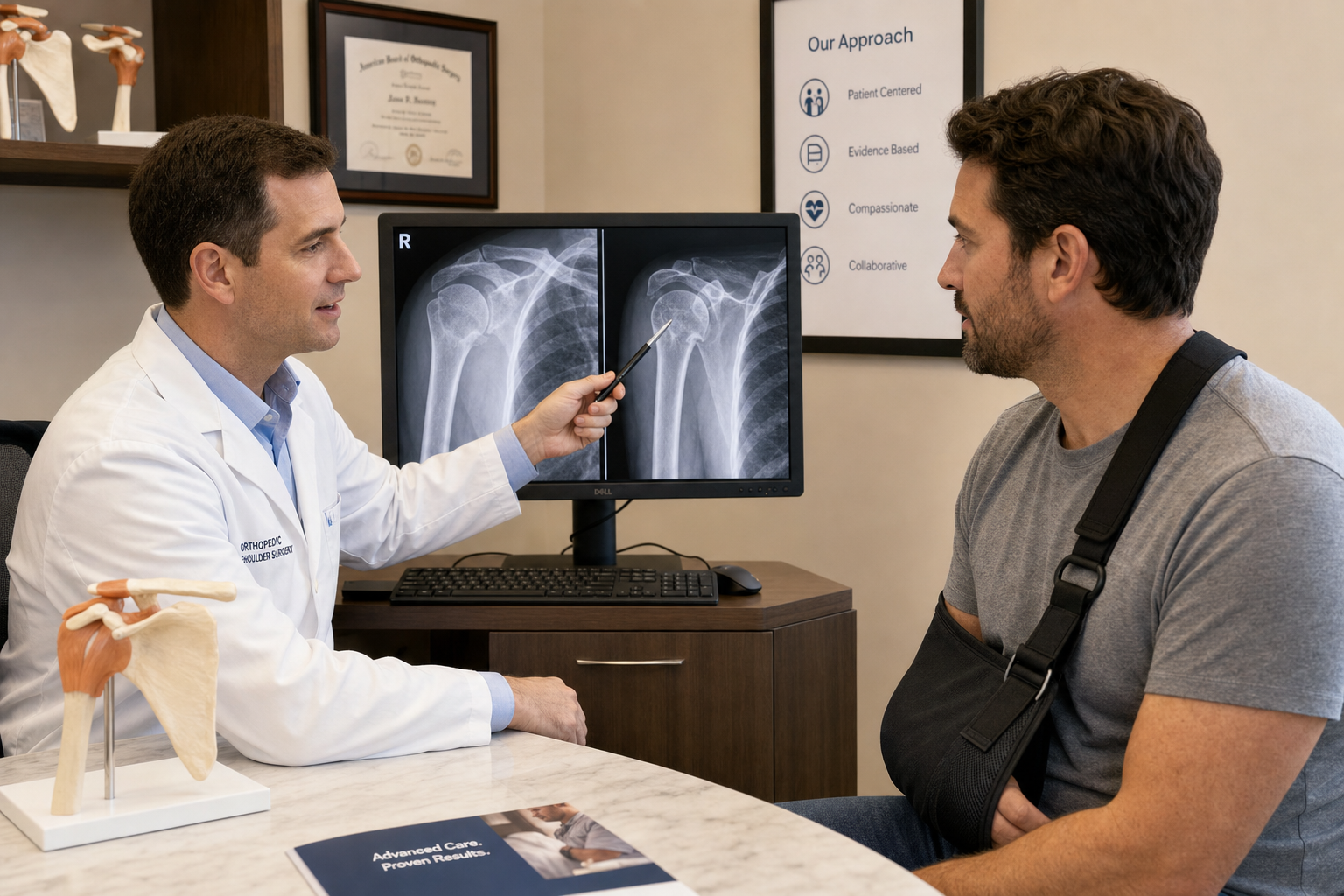 Shoulder specialist reviewing X-rays with a patient after an urgent care shoulder fracture diagnosis