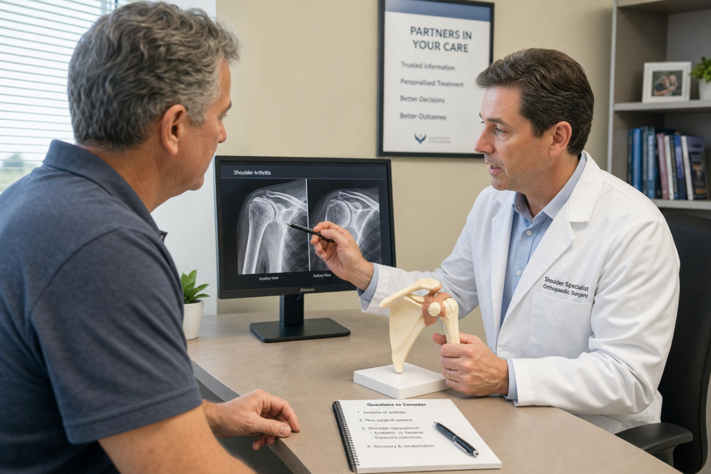 Orthopedic doctor explains a shoulder X ray to a patient pointing at the monitor and a shoulder joint model on the desk