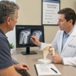 Orthopedic doctor explains a shoulder X ray to a patient pointing at the monitor and a shoulder joint model on the desk
