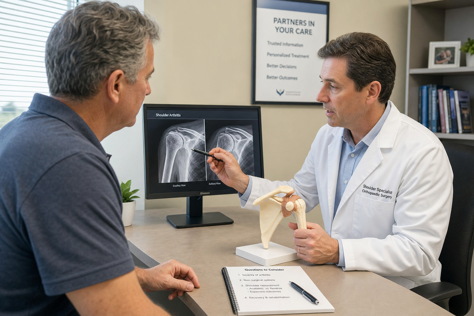 Orthopedic doctor explains a shoulder X ray to a patient pointing at the monitor and a shoulder joint model on the desk
