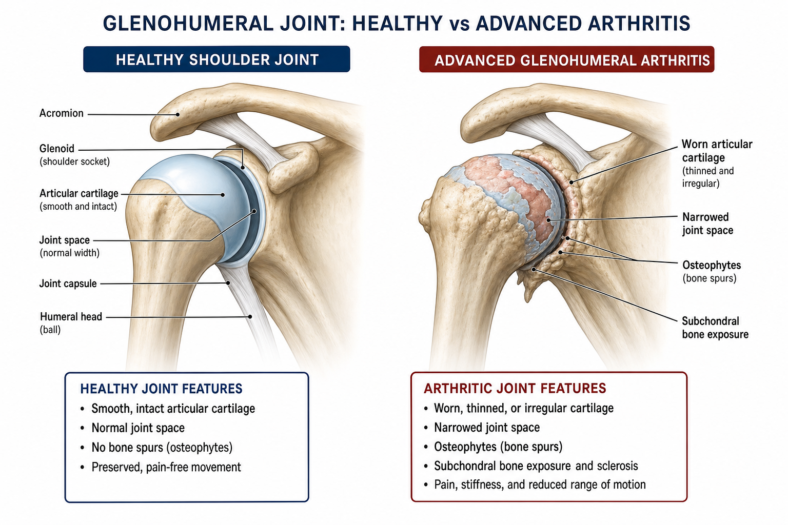 Illustration comparing a healthy shoulder joint with shoulder arthritis changes