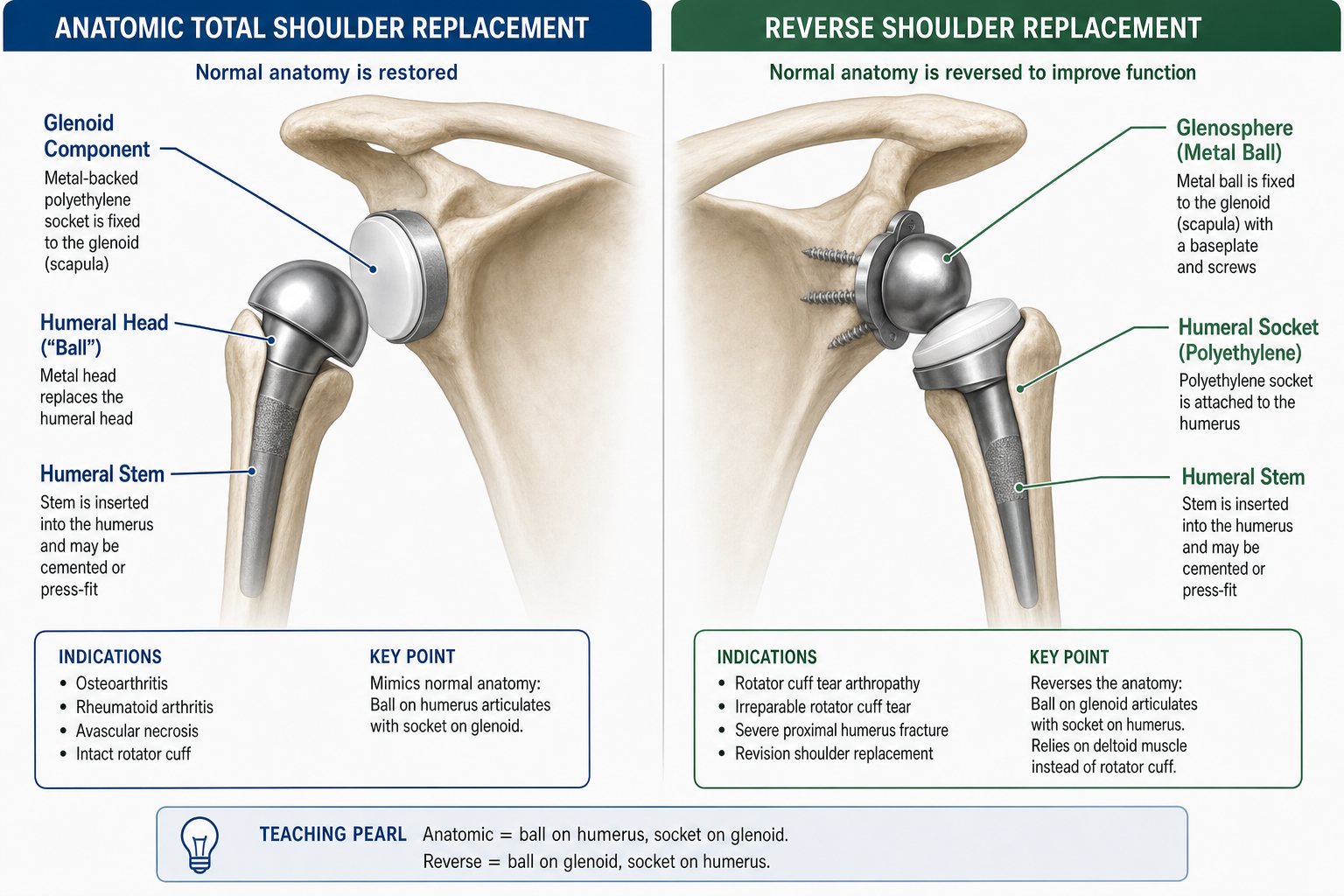 Diagram showing anatomic versus reverse shoulder replacement implants