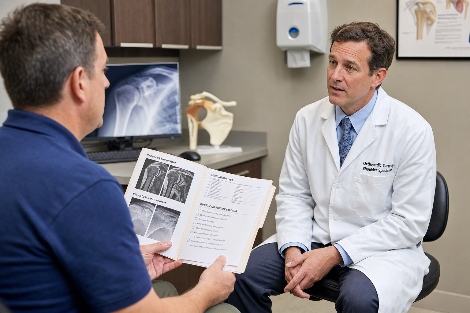 Patient bringing imaging and questions to a shoulder replacement second opinion visit
