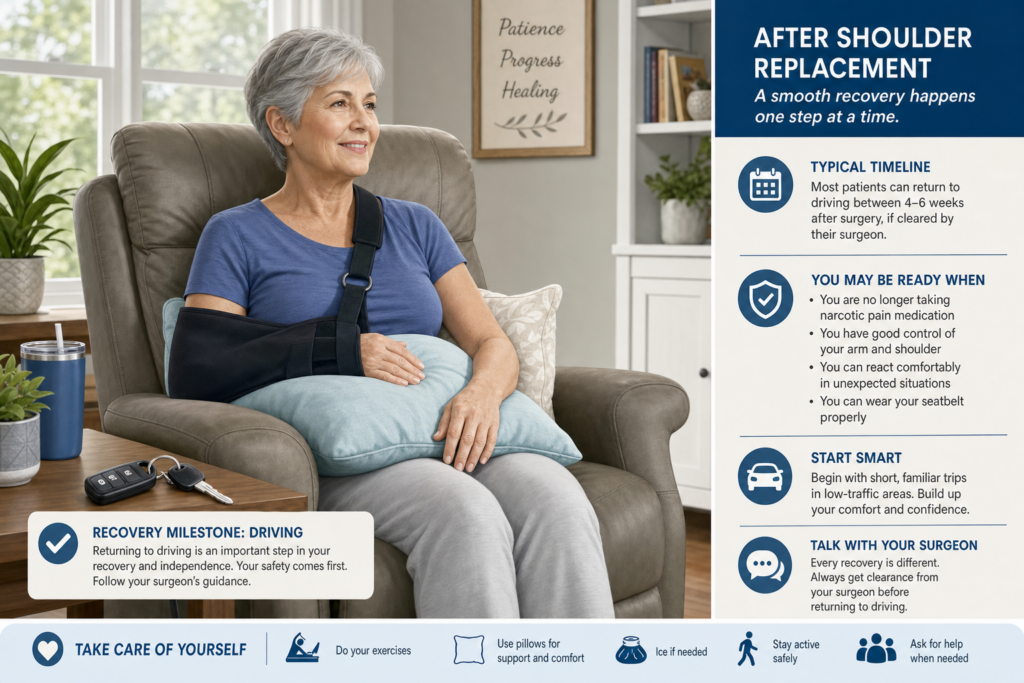 Older woman with her arm in a sling sits in a living room chair smiling as a recovery guide panel is shown on the right side of the image