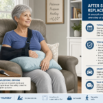 Older woman with her arm in a sling sits in a living room chair smiling as a recovery guide panel is shown on the right side of the image