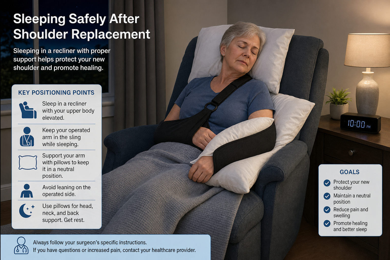 Illustration showing a safe recliner sleeping setup after shoulder replacement with sling and pillows for arm support.
