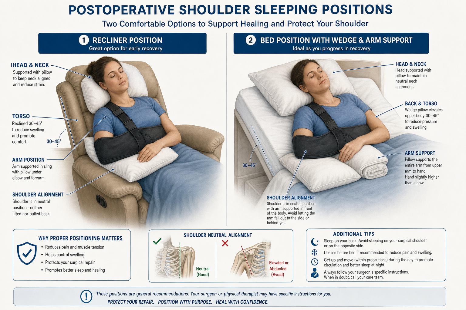 Illustration comparing recliner and bed pillow positioning after shoulder replacement surgery.