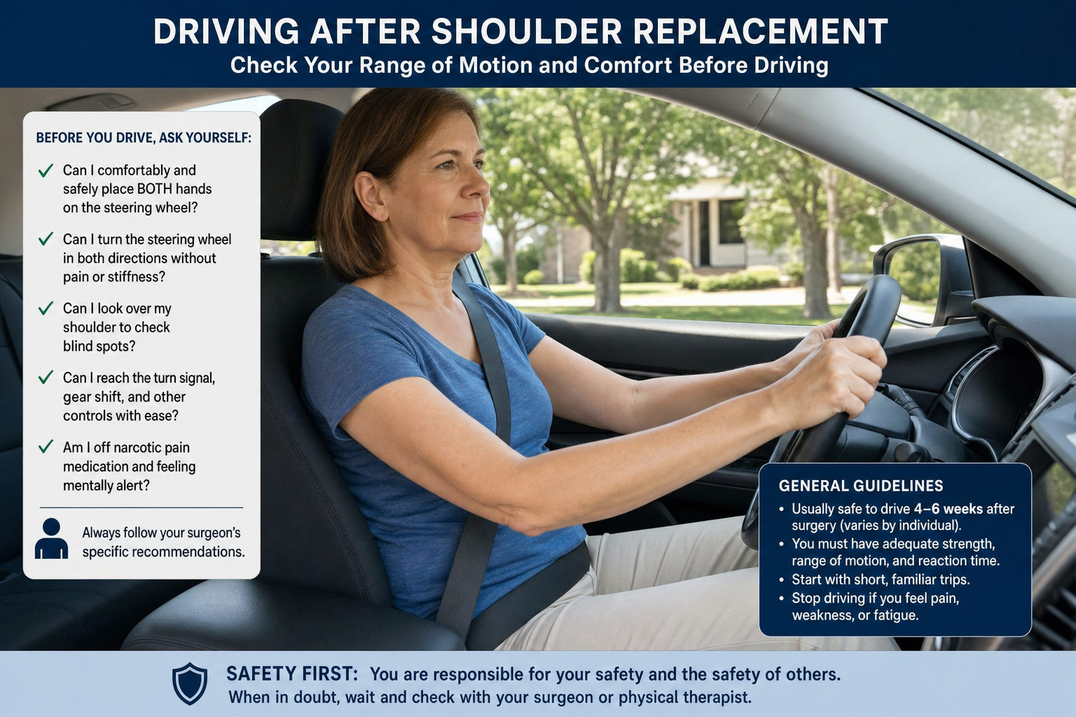 Illustration of a patient assessing comfort and arm control before returning to driving after shoulder replacement.