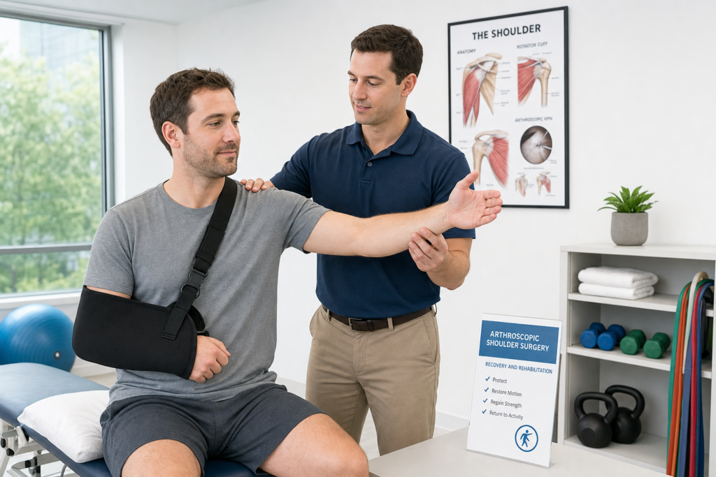 Shoulder Arthroscopy Recovery Timeline Varma Shoulder Institute Patient with arm in a sling receiving shoulder rehab guidance from a clinician in a medical clinic