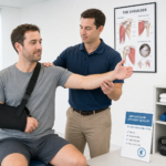 Patient with arm in a sling receiving shoulder rehab guidance from a clinician in a medical clinic