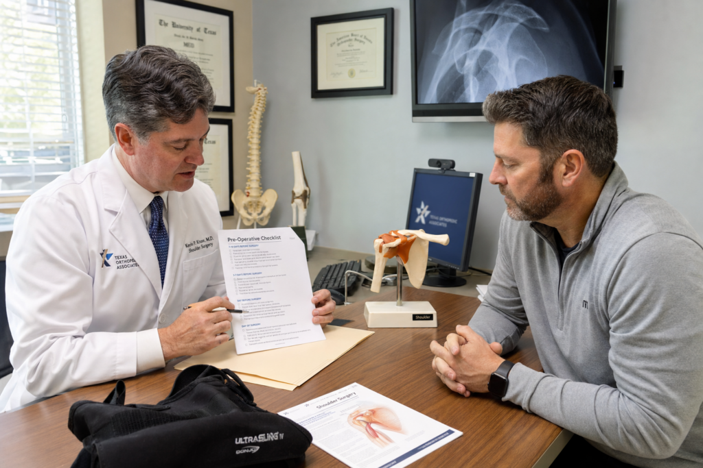 How to Prepare for Shoulder Surgery | Varma Shoulder Institute Varma Shoulder Institute Doctor in white coat discusses a pre operative checklist with a patient at a desk shoulder anatomy model nearby