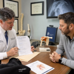 Doctor in white coat discusses a pre operative checklist with a patient at a desk shoulder anatomy model nearby